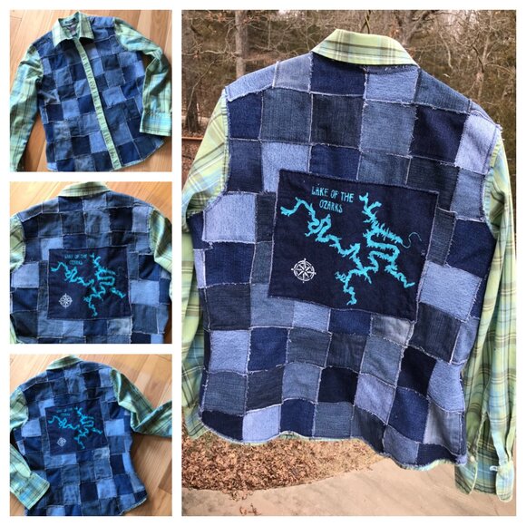 Lake of Ozarks Patchwork Jean Jacket, Small: Upcycled Handmade LOZ Lake Shirt - Picture 10 of 10